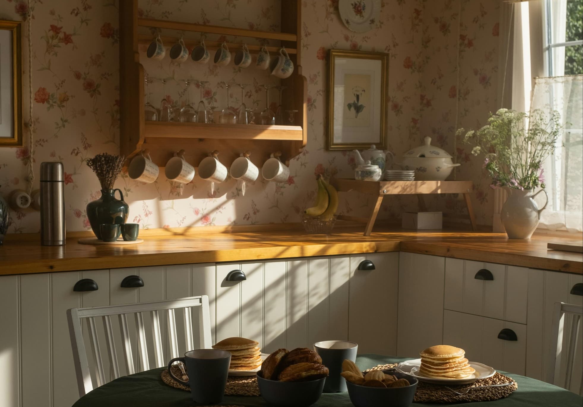 a cottagecore kitchen: farm-style wallpaper, cozy lighting, and warm wooden countertops.