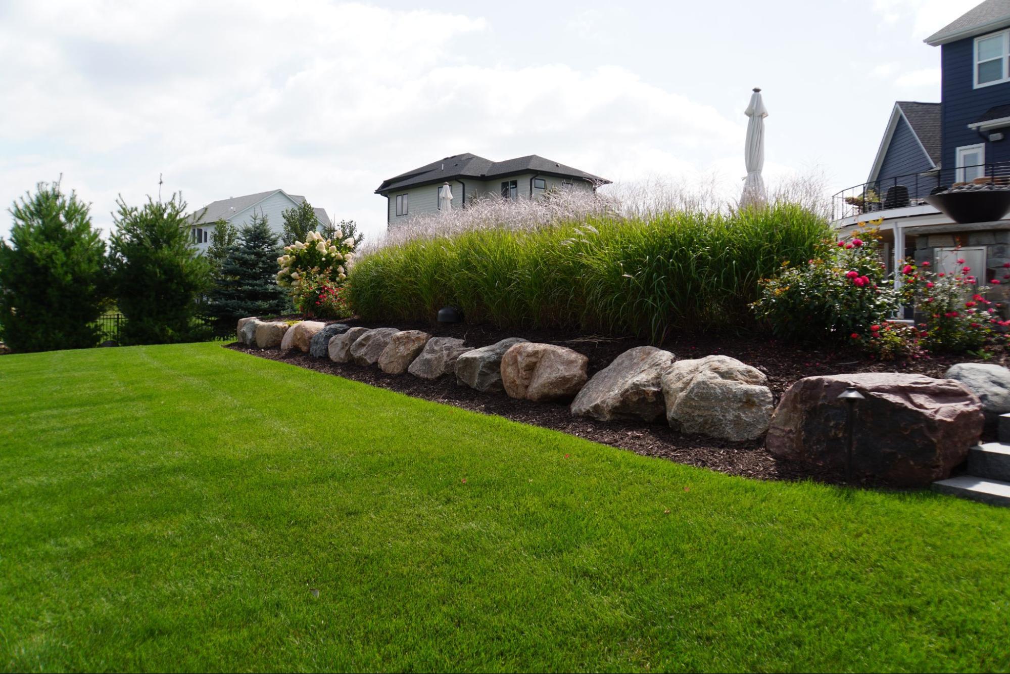 a backyard with green grass and a privacy screen made out of tall grass