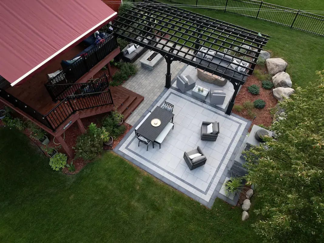 Overhead of pergola, deck and patio paver with furniture