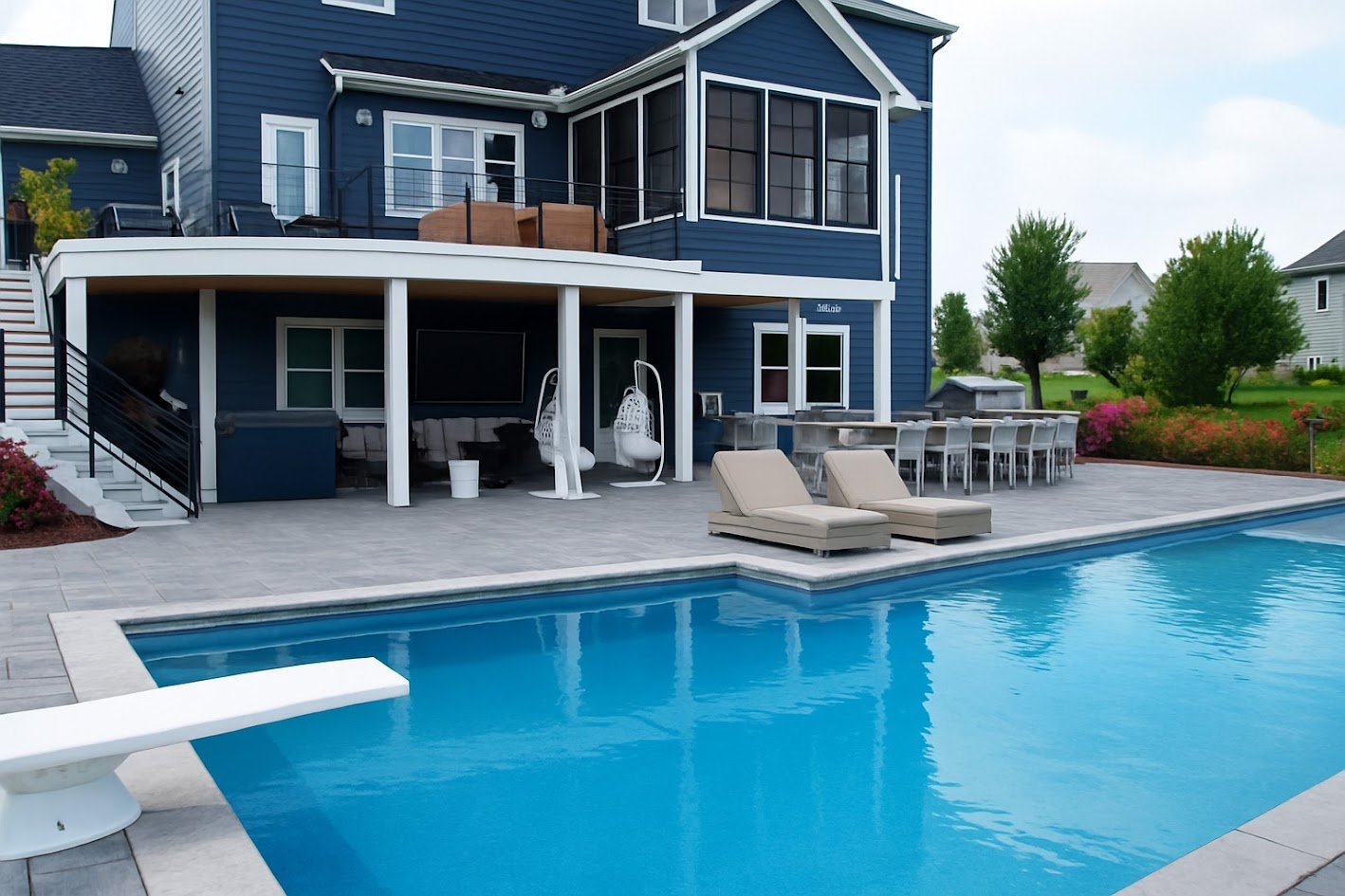 view of a backyard. we see an in-ground pool with a nearby deck and patio.