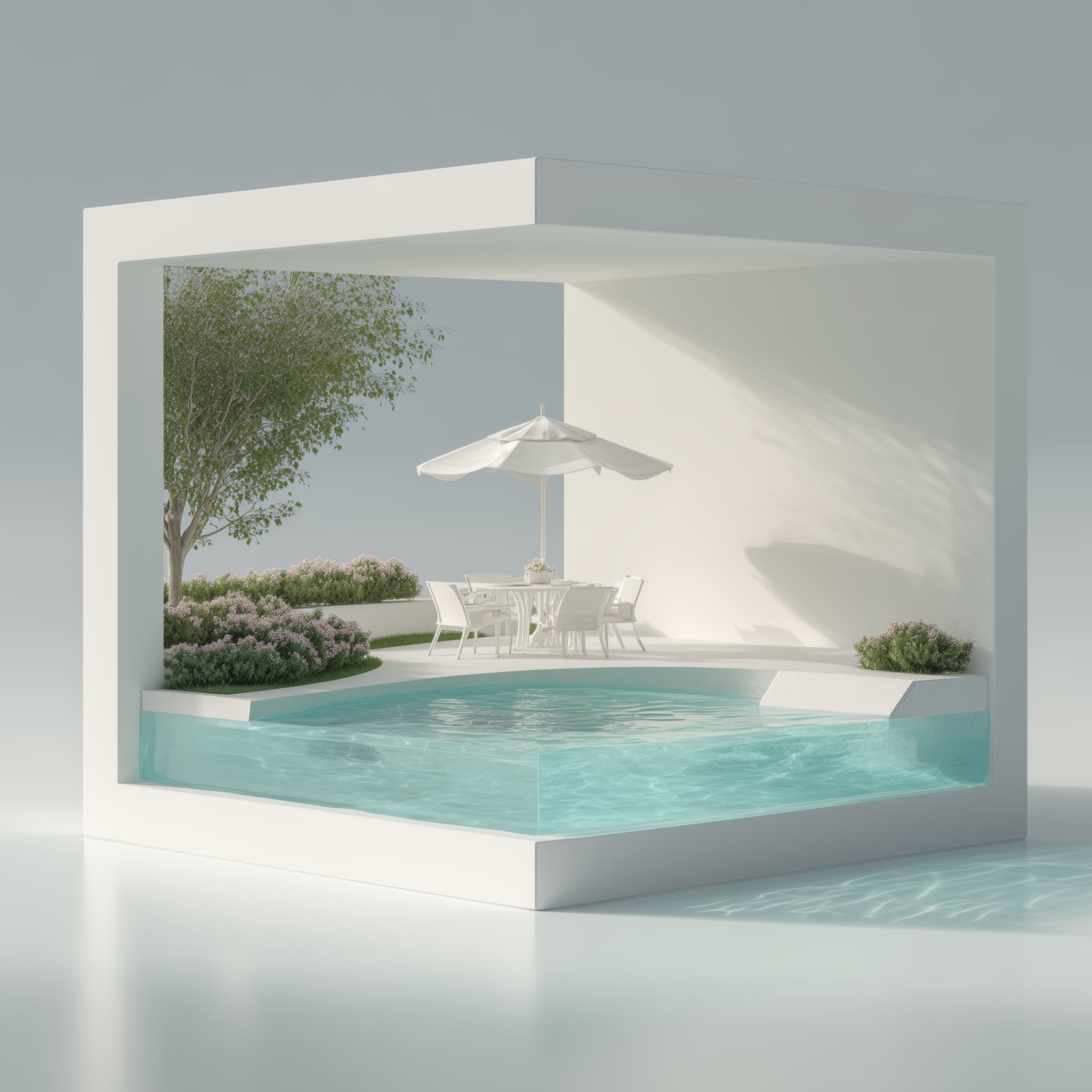 a 3D rendering of a backyard, highly futuristic, inside a white cube like a museum display. the studio scene shows a fake pool surrounded by smooth white surface, patio furniture, and random assorted grass.