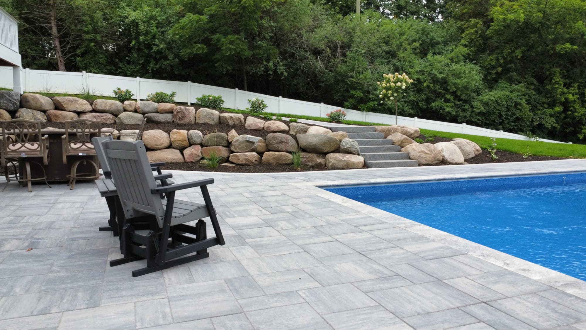 pool area with pavers and retaining walls